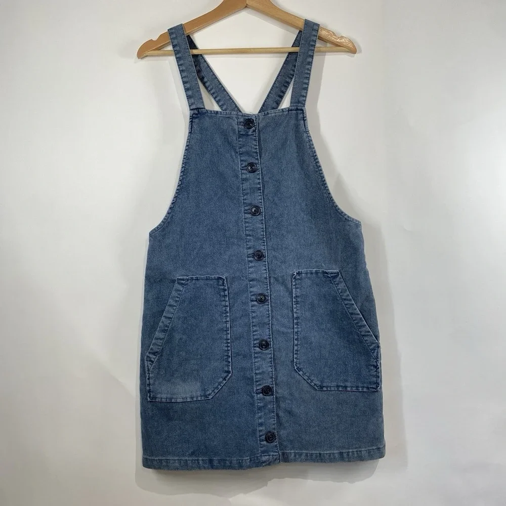 American Eagle Womens Corduroy Skirt Overalls Size M Blue Button Front Pockets